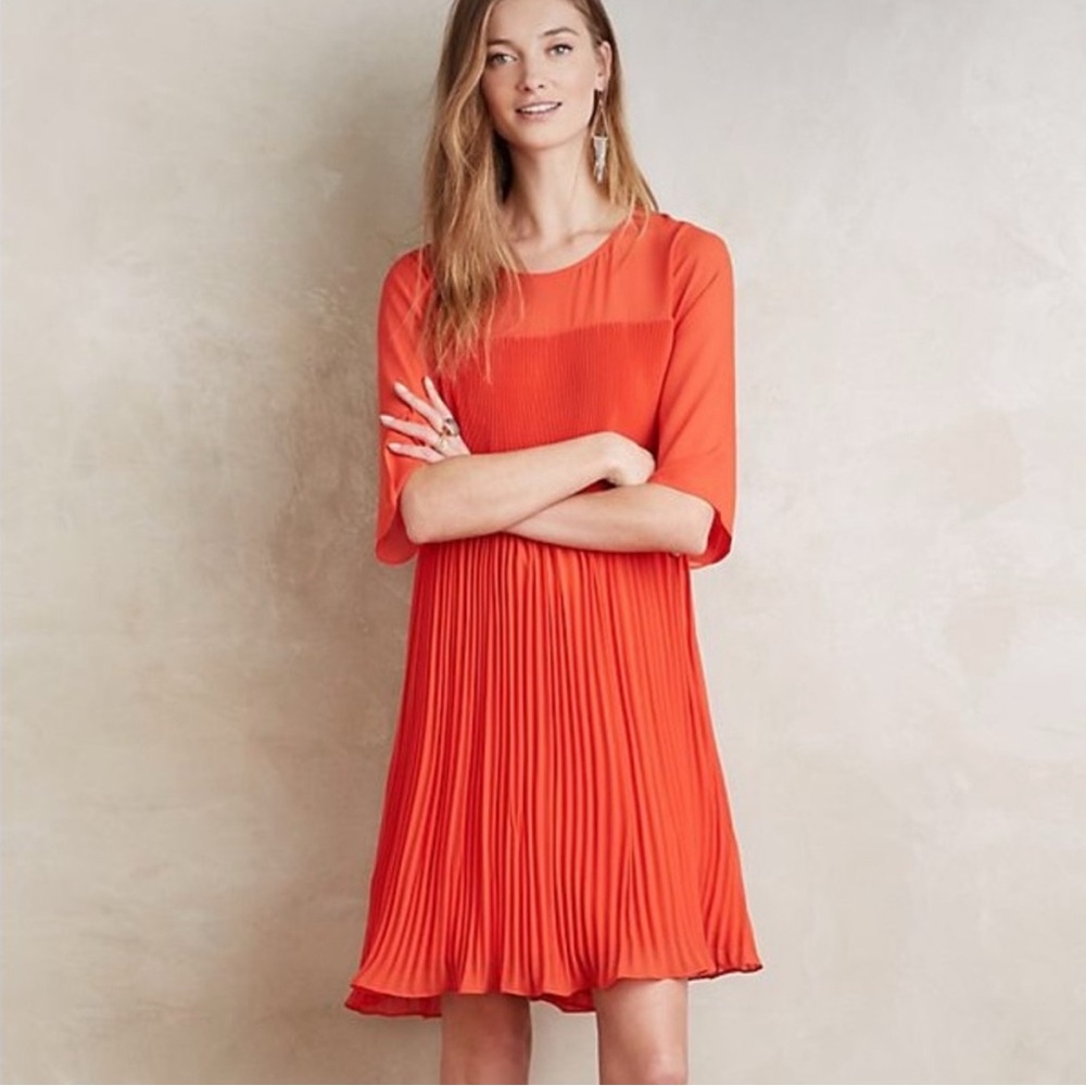 Anthropologie Maeve Edie Pleated Swing Dress twee accordion tangerine orange
